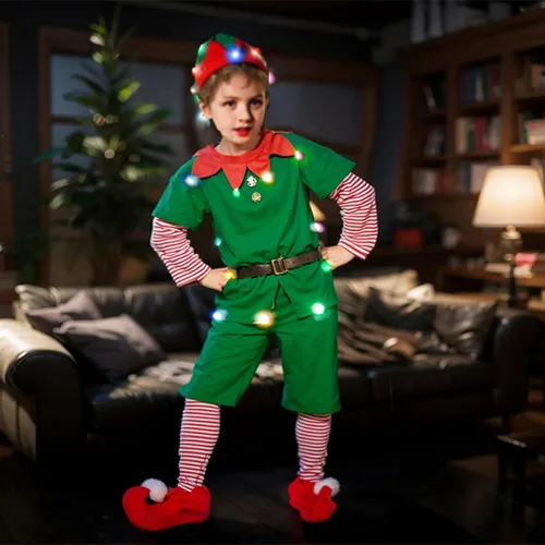 Vista 2 de LEDPATY Disfraz de elfo de Navidad para niños y adultos, disfraz de ayudante de Papá Noel para niñas, niños, hombres y mujeres