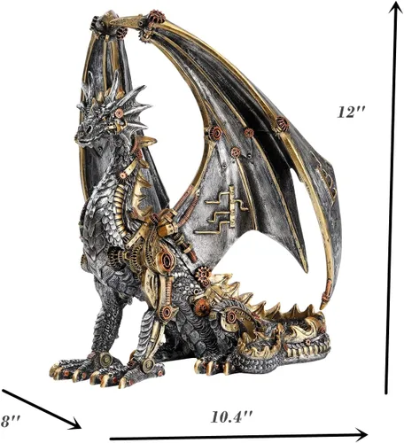 Vista 7 de Estatua de dragón steampunk gótica retro equipo mecánico sentado dragón de aspecto metálico, escultura de resina para el hogar, decoración de cuevas