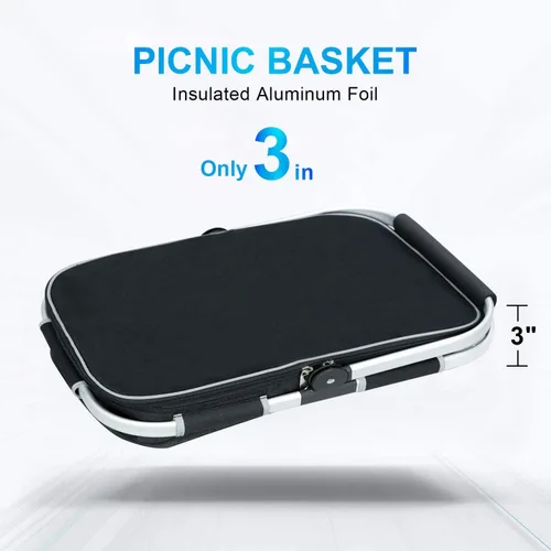 Vista 6 de LIQING - Cesta de picnic grande de 35 L, bolsas de compras para viajes, camping, 2 capas de bolsillos internos a prueba de fugas y aislamiento Negro