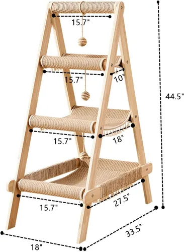 Vista 6 de SHENGOCASE - Torre de árbol para gatos de 3 niveles en forma de A, moderna, estructura de madera con escalera, cama con hamaca de varios niveles