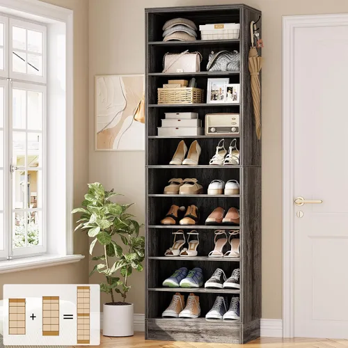 Vista 12 de Aheaplus Armario alto para zapatos, zapatero estrecho de madera de 10 niveles, organizador de almacenamiento de zapatos con almacenamiento abierto