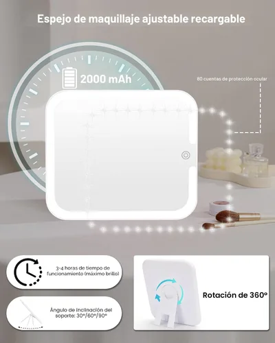 Vista 4 de Relavel - Bolsa de maquillaje con espejo LED, estuche de maquillaje para viajes en tren con espejo iluminado recargable y divisores ajustables Negro