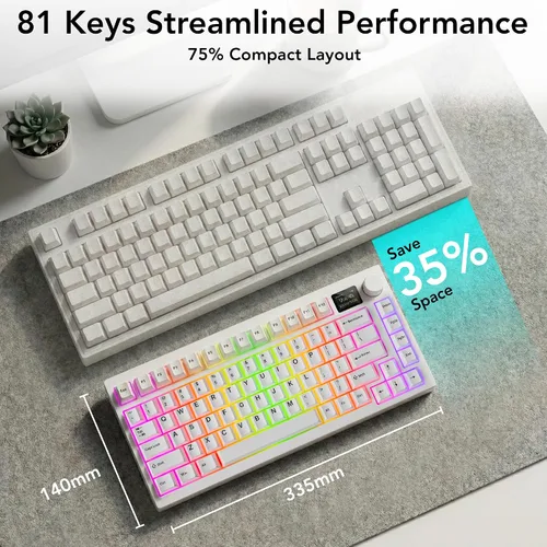 Vista 6 de TECWARE Teclado mecánico para juegos Spectre 75 Pantalla LCD personalizable y perilla Bluetooth inalámbrico de tres modos de 2.4 GHz Montaje
