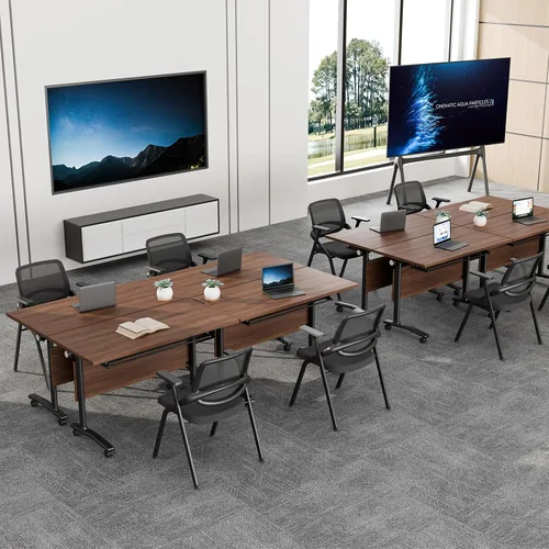 Vista 2 de Paquete de 8 mesas de conferencias plegables, mesa modular moderna para sala de conferencias con ruedas, mesa de reunión móvil de seminario abatible