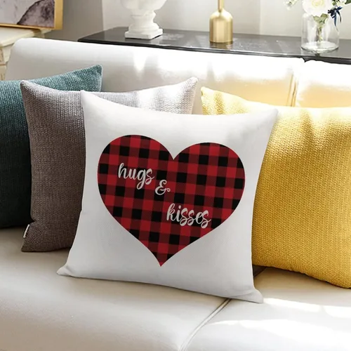 Vista 6 de Red and Black Buffalo Plaid Love Heart Hugs and Kisses Decorative Pillow Cover for Sofa Couch Chair Office Decor 16"x16",Romantic Valentine Pillow