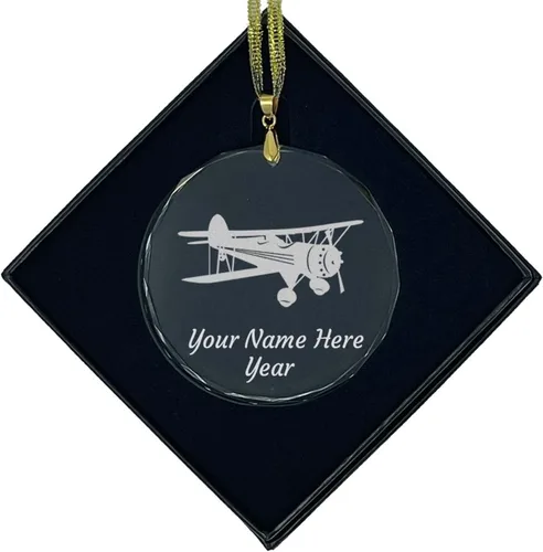 Vista 6 de LaserGram Adorno de Navidad de vidrio personalizado, biplano, idea de regalo grabada con láser personalizada (forma de diamante)