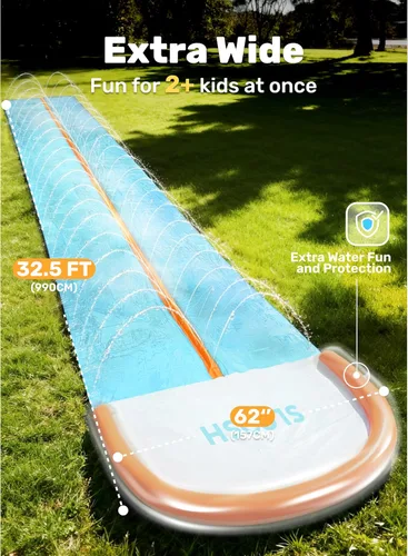 Vista 2 de Sloosh Tobogán acuático de 32.5 pies con 2 tablas inflables, aspersor de agua de doble carril para niños, adultos, patio trasero, juguete de verano
