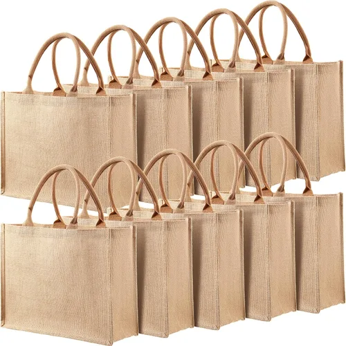 Vista 12 de Shappy Paquete de 10 bolsas de arpillera reutilizables en blanco, Verde Jute Tote, Grocery Bag, Bridesmaid Gifts, Bachelorette Party, Beach Trips
