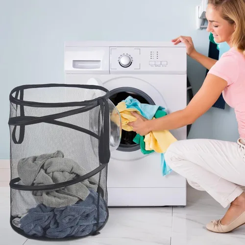 Vista 3 de Cesta de lavandería emergente de malla Seiritex 115L, cesta de lavandería plegable de gran capacidad extra, cesta de almacenamiento de ropa plegable