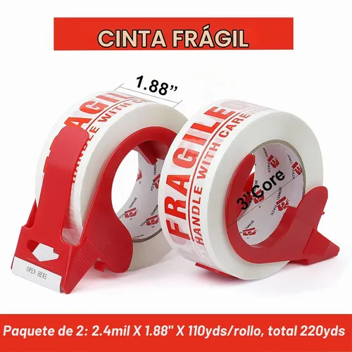 Vista 3 de BOMEI PACK Cinta frágil de 2 pulgadas x 330 pies (110 yardas), 2 rollos, mango de cinta frágil con cuidado para el envío con dispensador, cinta