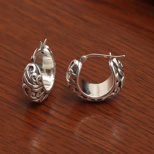 Vista 3 de Charmsy - Aretes de aro de plata de ley 925 Aretes de aro de filigrana para mujer Aretes de aro de malla calada Aretes de aro ligeros