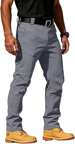 Vista 8 de Pantalones tácticos tipo cargo para hombre, repelentes al agua, pantalones de trabajo Ripstop, reforzados hasta la rodilla, cintura elástica,