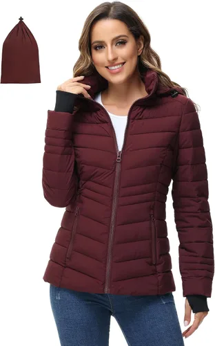 Vista 8 de ROYAL MATRIX Chaqueta acolchada plegable para mujer, chaqueta acolchada ligera para invierno, cálida chaqueta acolchada con capucha desmontable Negro