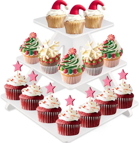 Vista 9 de Soporte para 24 cupcakes – Soporte rústico para cupcakes de 3 niveles plegable de madera – Soporte blanco para cupcakes – Torre de cupcakes