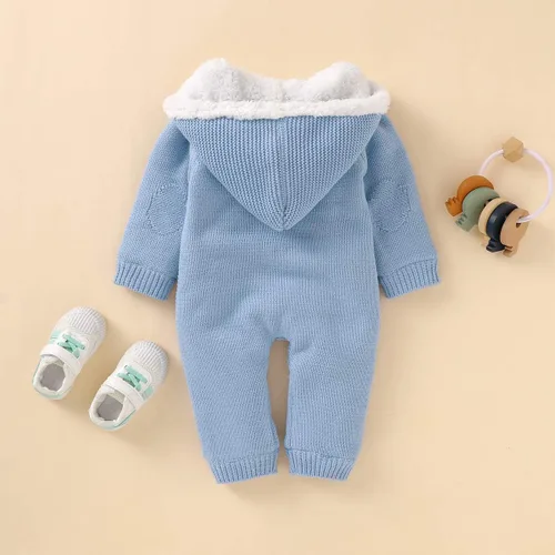 Vista 5 de puseky Mameluco de vellón de punto para bebé recién nacido, con capucha, de una pieza, para exteriores, Azul Patchwork, 0-6 meses