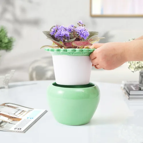 Vista 3 de Maceta para Flores Violeta Africana Verde de Cerámica con Riego Automático 6.5 * 4.6 * 4 pulgadas Maceta Simple para Plantas con Riego Automático