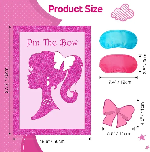 Vista 3 de Suministros de fiesta de niña rosa, lindo pin de princesa con lazo en la cabeza, póster grande con 24 calcomanías de lazo, recuerdos para fiesta