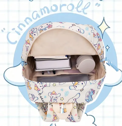 Vista 6 de Roffatide Anime Cinnamoroll Mochila casual de 18 L con dibujos animados, bonita mochila de viaje para la noche, mochila Kawaii con llavero beige