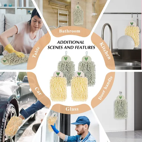Vista 7 de Kinlop 4 toallas de mano de chenilla para colgar, de microfibra, con bucles para colgar, para baño, color beige y verde claro
