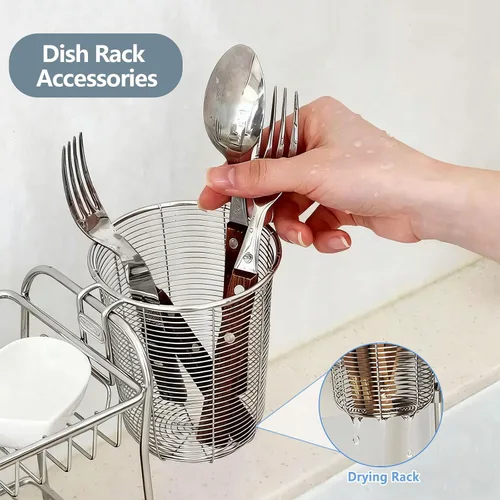 Vista 4 de Escurridor de platos, cesta de drenaje de cocina de acero inoxidable, estante compacto para secar utensilios de lavavajillas, accesorio para colgar