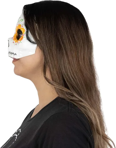 Vista 3 de Ghoulish Productions Máscara Huesudita. Máscara de látex Catrina con flores, media máscara de látex para adultos, talla única. Día de la línea