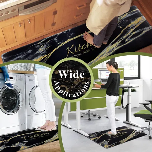 Vista 7 de Carvapet 2 tapetes cómodos antifatiga para cocina, de pie, impermeables, decorativas, ergonómicas, para cocina, diseño de mármol negro y dorado, 17