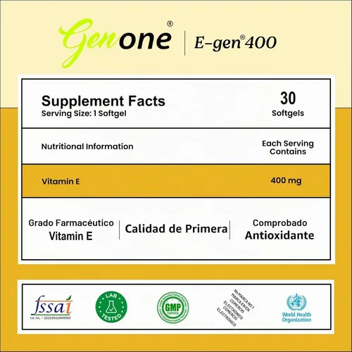 Vista 3 de Genone E-Gen 400 Cápsula de Vitamina E para Rostro Luminoso, Nutrición para la Piel y el Cabello (30 Cápsulas)