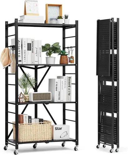 Vista 18 de VEVOR Estantería plegable de 4 niveles, estante de almacenamiento de metal plegable de 26 pulgadas de ancho x 13 pulgadas de profundidad x 46 Negro