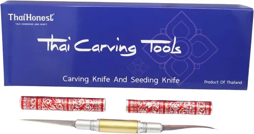 Vista 2 de Cuchillo tailandés para tallar frutas, hoja de doble cara de 2 pulgadas (curva y recta) con mango decorativo rojo tailandés, herramienta