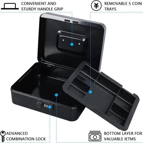 Vista 6 de KYODOLED Caja de bloqueo grande con bandeja de dinero,Caja de almacenamiento con cerradura,Caja de metal segura para dinero