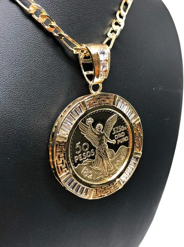 Vista 8 de Fran & Co. Moneda chapada en oro Centenario Mexicano Moneda 50 Pesos Cadena Colgante CZ Oro Cadena 26", Metal
