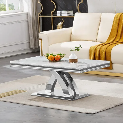 Vista 37 de Mesa de centro de mármol negro Henf de lujo, mesa auxiliar rectangular de mármol sintético de imitación con base de acero inoxidable dorado