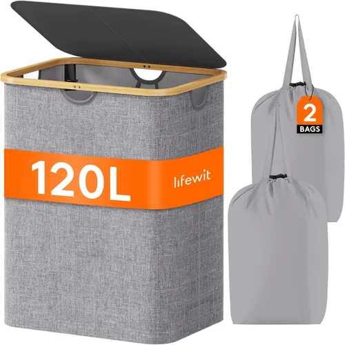 Vista 40 de Lifewit Cesta de lavandería de 80 litros con tapa, cestas de ropa para lavandería con asas de bambú y una bolsa de lavandería extraíble, cesta