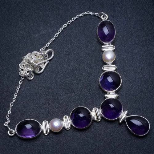 Vista 2 de stargemsAmatista y Perla de Río hecho a mano Boho 925Sterlingsilver flor collar 1814