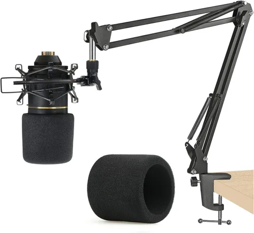 Vista 3 de MXL 770 990 Soporte de micrófono con filtro pop – Soporte de brazo de tijera de suspensión de micrófono con parabrisas de espuma para micrófonos MXL