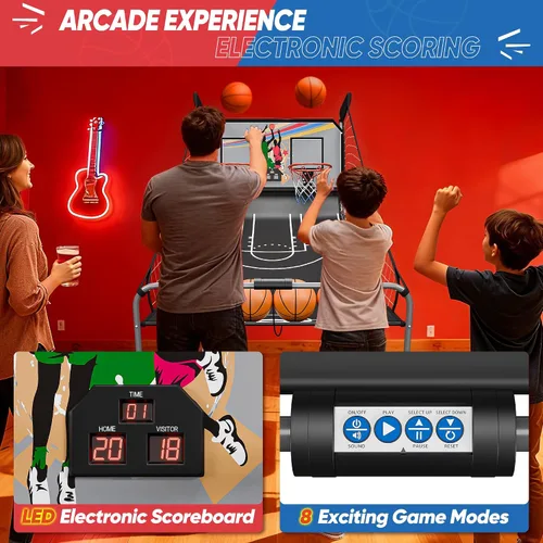 Vista 3 de JupiterForce Juego de Arcade de Baloncesto Plegable para Interiores, Máquina de Juego de Arcade de Canasta de Baloncesto Electrónica de Doble Tiro