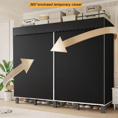 Vista 4 de Armario portátil de 49.2 pulgadas para colgar ropa, perchero plegable resistente con tapa, gran cubierta, armarios plegables independientes, Negro
