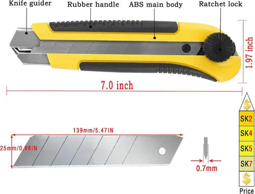 Vista 2 de Cuchillo utilitario extra resistente de 0.984 in, 3 unidades, cuchillo Exacto, cortador de caja, cuchillo de construcción, cuchillo retráctil de 1