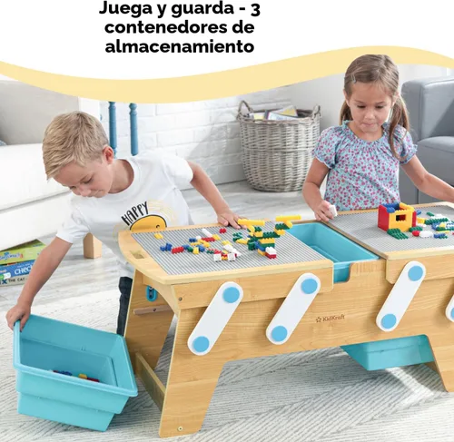 Vista 7 de KidKraft Building Bricks Play N Store Mesa de madera, almacenamiento de juguetes para niños con contenedores, más de 200 bloques de construcción