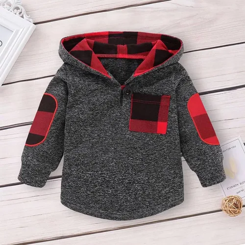 Vista 3 de Ropa de bebé niño para niños pequeños, traje de otoño e invierno, manga larga, bolsillo a cuadros, sudadera con capucha + pantalones, 2 piezas