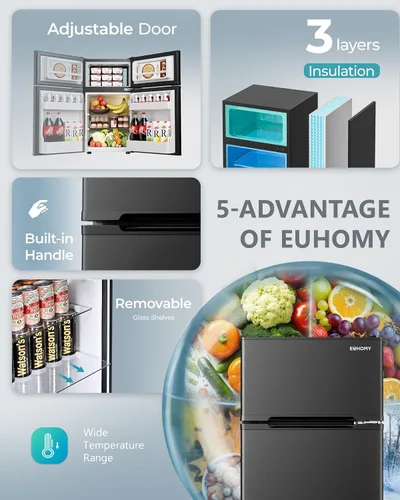 Vista 5 de EUHOMY - Refrigerador miniatura con congelador, 3.2 pies cúbicos, refrigerador miniatura con congelador, refrigerador de dormitorio con 2 puertas