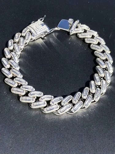 Vista 2 de HarlemBling Solid 925 Sterling Silver - Baguette CZ Iced Mens Miami Cuban Link Bracelet - 12mm - Heavy 62 Grams
