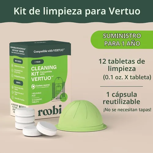 Vista 2 de Roobi Cápsulas de limpieza compatibles con Nespresso Vertuo Incluye 1 cápsula reutilizable y 12 tabletas de limpieza, carbono neutro, 1 año