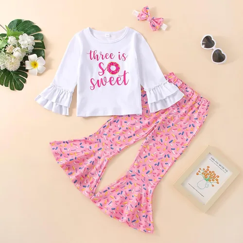 Vista 46 de Conjunto de ropa de cumpleaños para bebé niña pequeña, camiseta de manga larga, pantalones de campana, diadema