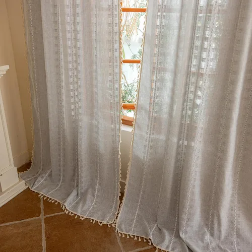 Vista 10 de Cortinas blancas de 96 pulgadas de largo, juego de 2 paneles de cortinas filtrantes de luz de piso a techo, cortinas de privacidad para sala