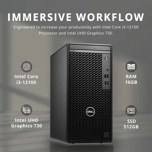 Vista 2 de Dell OptiPlex 3000 Tower Desktop, Intel i3-12100, RAM DDR4 de 16 GB, SSD de 512 GB, Intel UHD Graphics 730, Wi-Fi, HDMI, RJ-45, DVD-RW, teclado