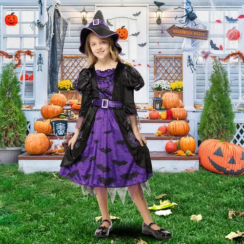 Vista 3 de Twister.CK Witch Costume for Girls Kids, Halloween Party Fancy Dress Up Deluxe Set with Hat Skirt for Girls