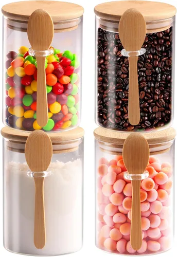 Vista 8 de Juego de 3 tarros de vidrio herméticos con tapas y cucharas de bambú, recipientes de vidrio de borosilicato decorativos y duraderos de 20 onzas