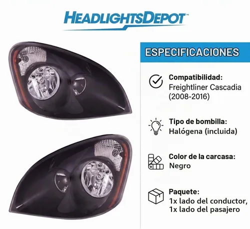 Vista 2 de HEADLIGHTSDEPOT Faros delanteros halógenos de carcasa negra compatibles con Freightliner Cascadia 2008-2016, incluye faros delanteros izquierdo