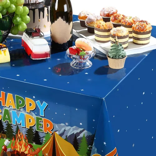 Vista 6 de Tegeme Mantel de plástico con temática de fogata y bosque, 1 pieza, para campamento, fiesta, suministros de decoración